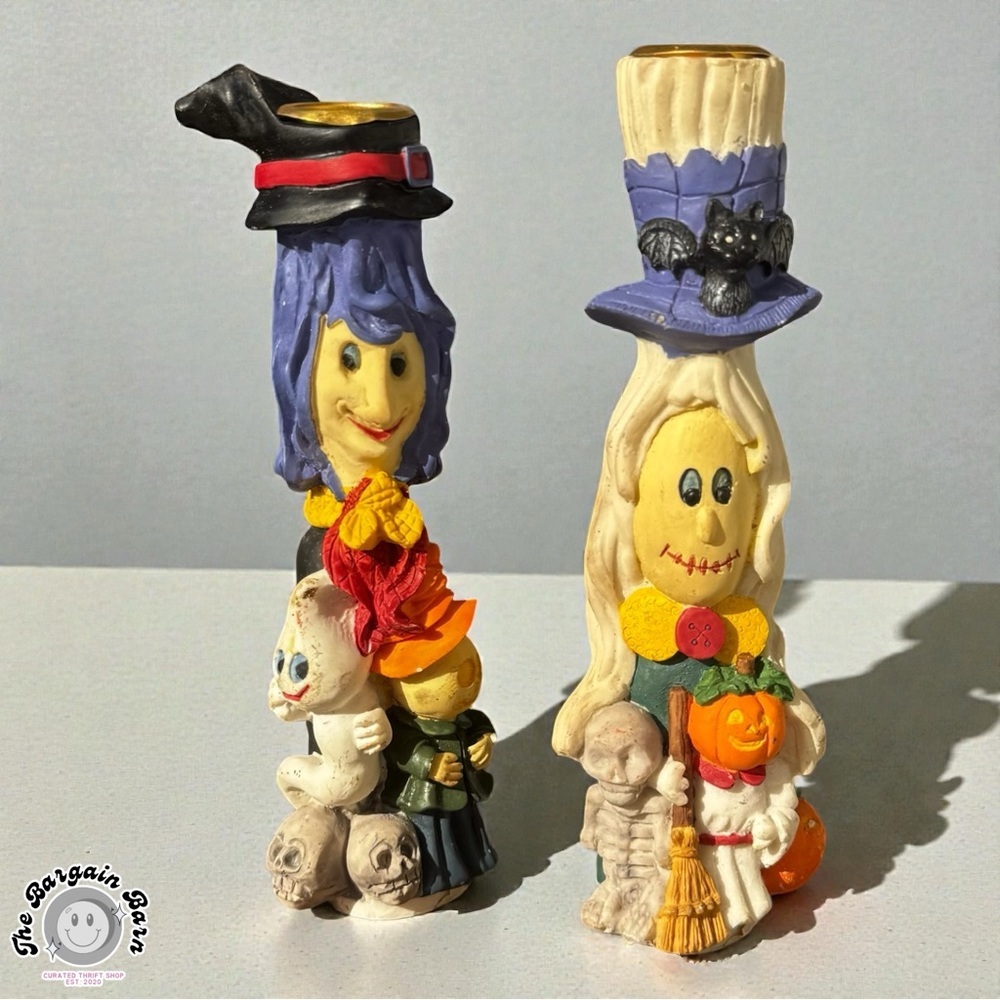 Vintage Halloween Taper Candle Holders Witch Scarecrow Resin Figurines Pair 90’s